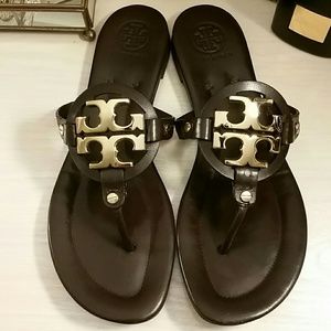 Tory Burch Miller Sandals in Dark Brown and Gold